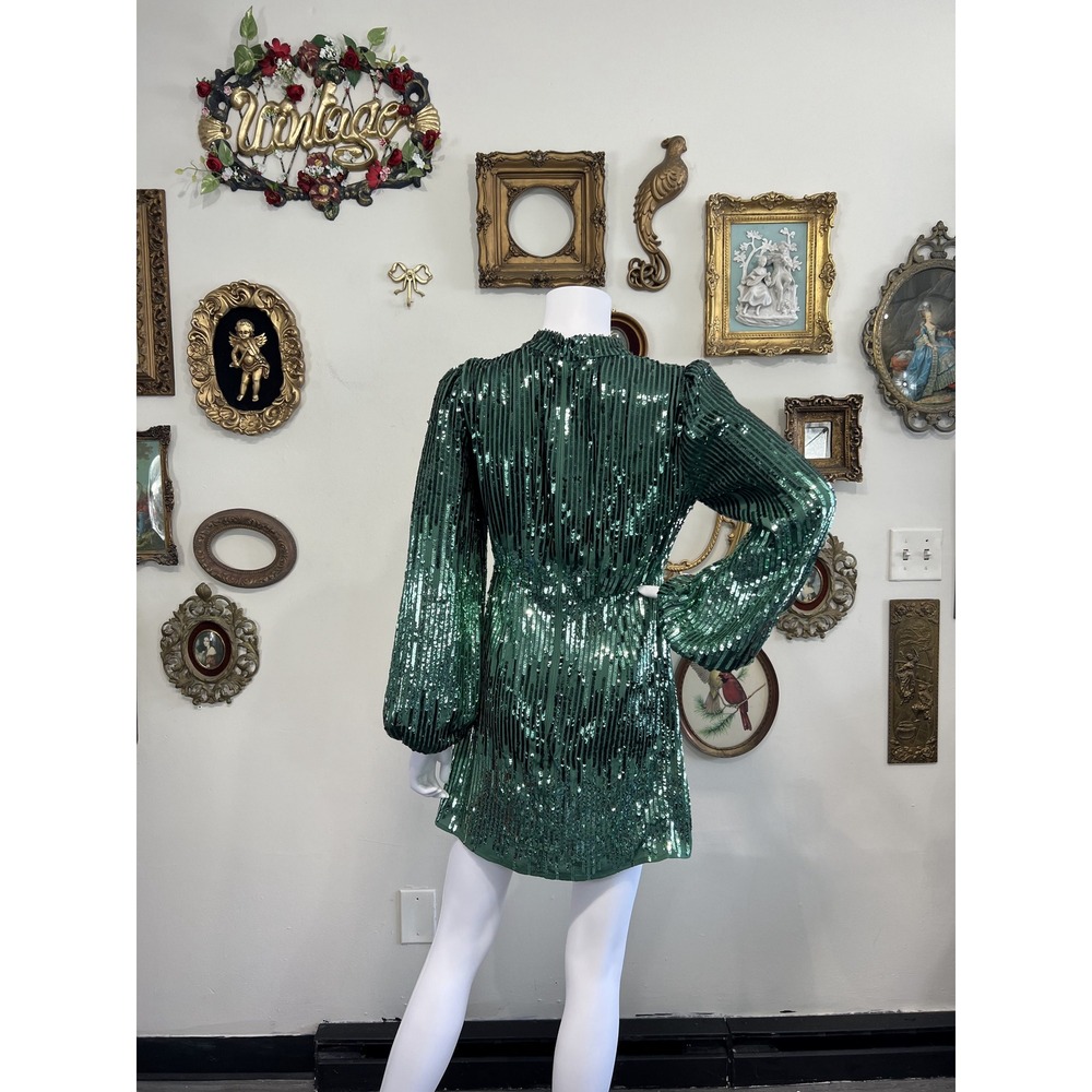 Rixo Green Sequin Long Sleeve Mock Neck Mini Dress XS - Picture 3 of 8